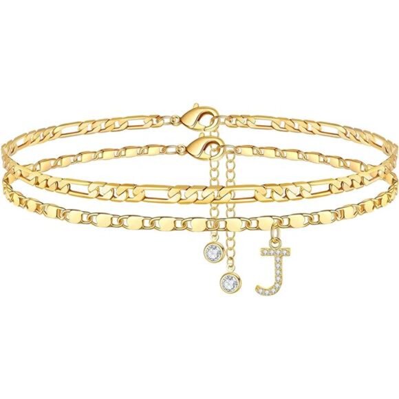 Ankle Bracelets for Women,14K GoldPlated Dainty Layered Chain CZ Initial Anklets - Picture 7 of 7
